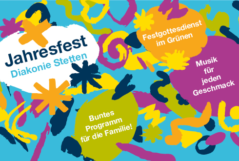 Gezeichnete bunte Konfetti auf blauem Hintergrund mit Angabe Jahresfest Diakonie Stetten Gezeichnete bunte Konfetti auf blauem Hintergrund mit Angabe Jahresfest Diakonie Stetten