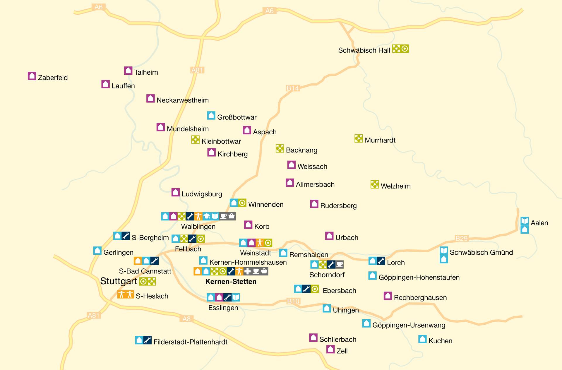 Karte mit Standorten der Diakonie Stetten e.V. Karte mit Standorten der Diakonie Stetten e.V.