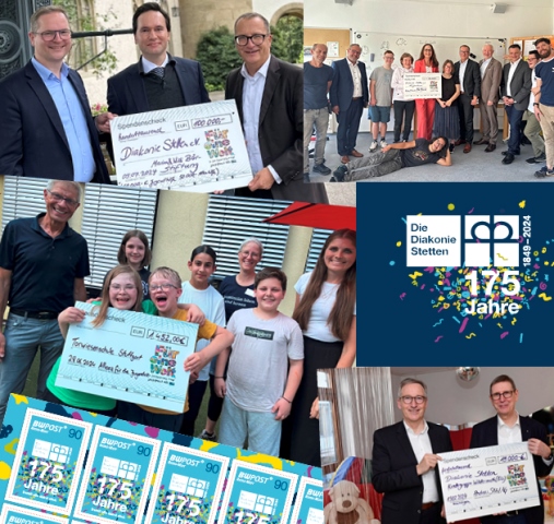 Foto-Collage mit Jubiläums-Logo „175 Jahre“ der Diakonie Stetten aus 2024 und vier Fotos von Spendenübergaben, auf denen zahlreiche Personen zu sehen sind. Foto-Collage mit Jubiläums-Logo „175 Jahre“ der Diakonie Stetten aus 2024 und vier Fotos von Spendenübergaben, auf denen zahlreiche Personen zu sehen sind.